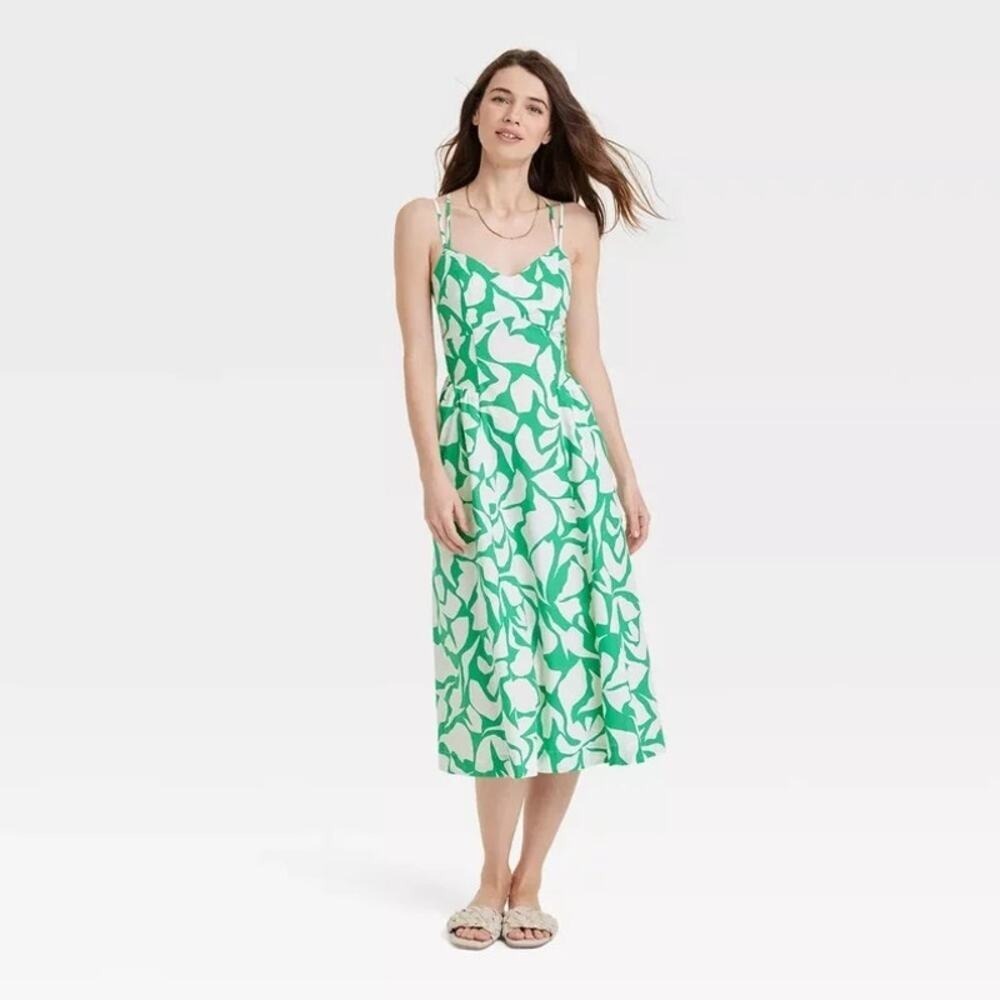 NWT: A New‎ Day Green White Floral Midi Sundress XL Cotton Smocked Back (L405)